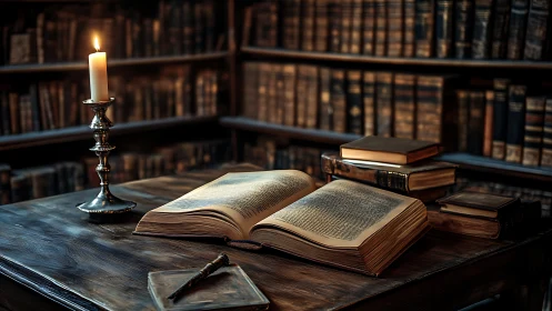 Candlelit antique library table invites quiet nighttime study