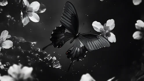 Midnight butterfly drifts among monochrome blossoms in bloom
