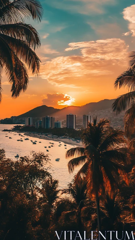 Tropical bay skyline at sunset with layered atmospheric depth.