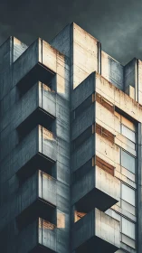 Brutalist concrete high rise shows sharp balconies in low sun