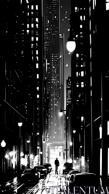 Noir high-rise corridor with lone pedestrian in wet street