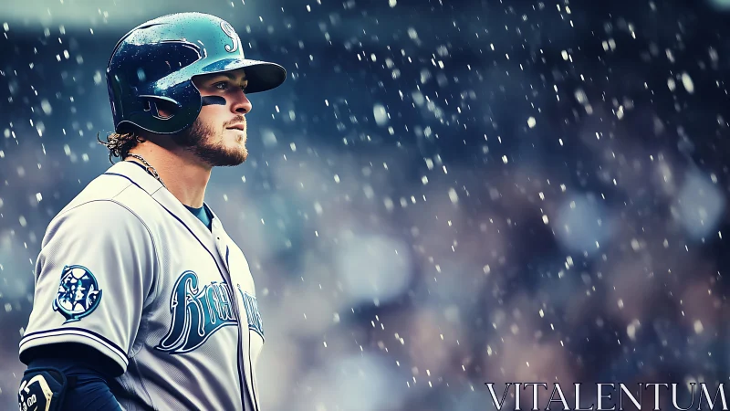 Baseball player stands in light snowfall during outdoor game