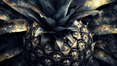 Close-up view of textured pineapple crown and outer skin.