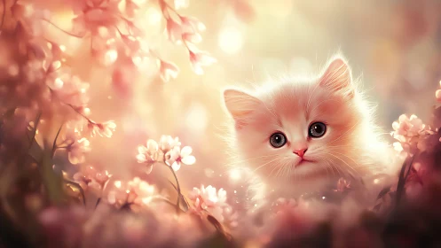 White Kitten in Bloom Field. Digital Illustration.