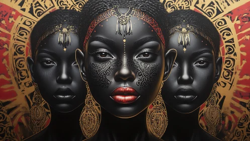 Regal triptych of ebony queens with gilded tribal halos.