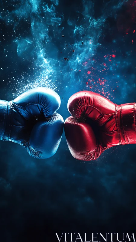 Blue and red boxing gloves colliding with particle explosion effect.