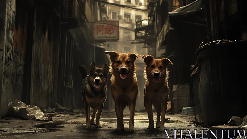 Stray dogs stand united in a moody urban backstreet