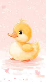 Golden duckling glows against soft pastel pink field.