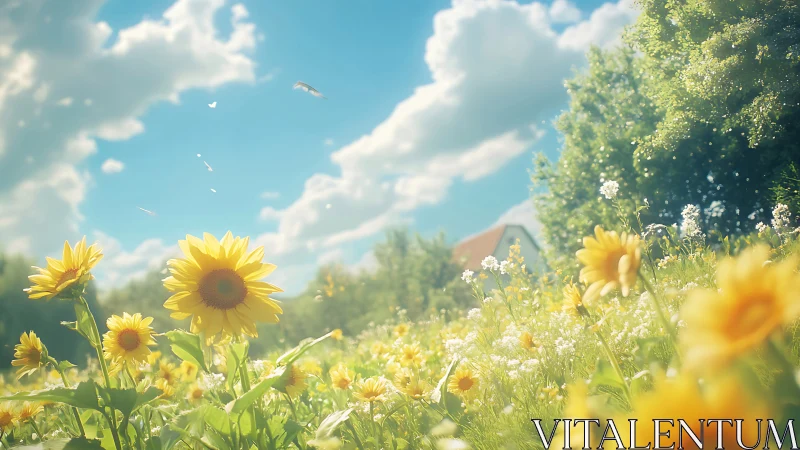 Sunlit wildflower meadow under expansive summer sky.