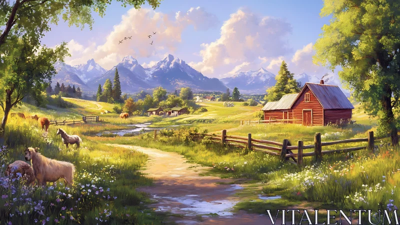 Sunlit mountain valley farmstead with grazing livestock and creek