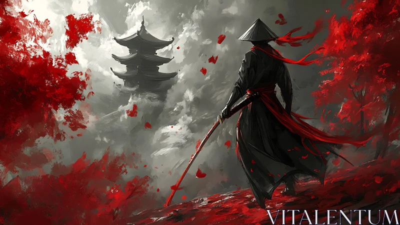 Crimson autumn guides a lone samurai toward the distant temple