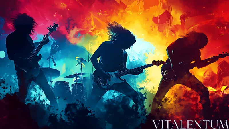 Silhouetted rock band against fiery cyan and orange nebular backdrop