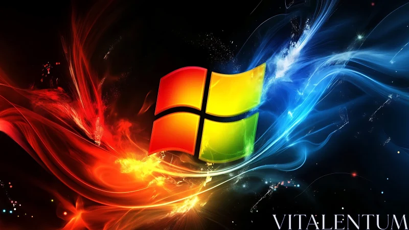 Glowing window logo divides red fire and blue energy waves.