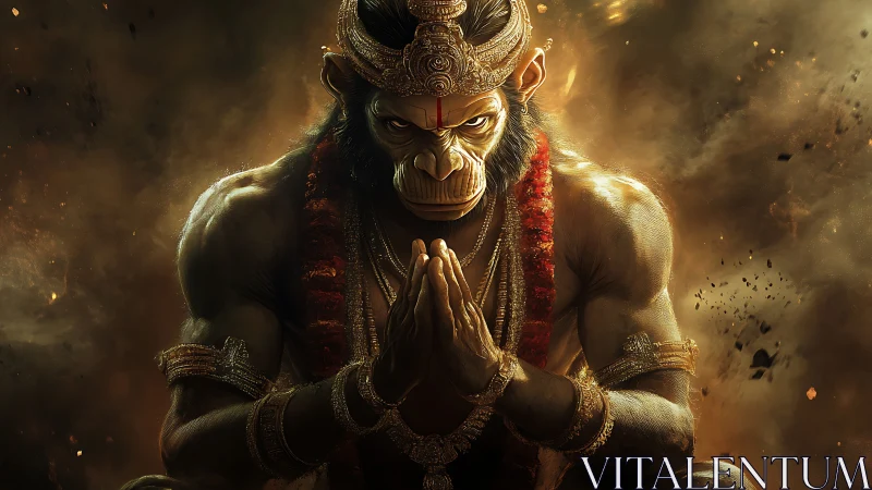 Mythic warrior primate bows amid molten ember storm.