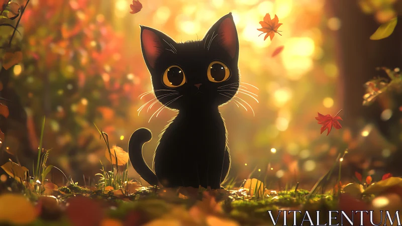 Black kitten with large eyes in warm autumn light.