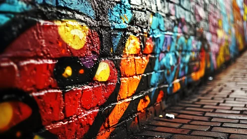 Neon whispers on a rain-slick brick graffiti corridor wall.