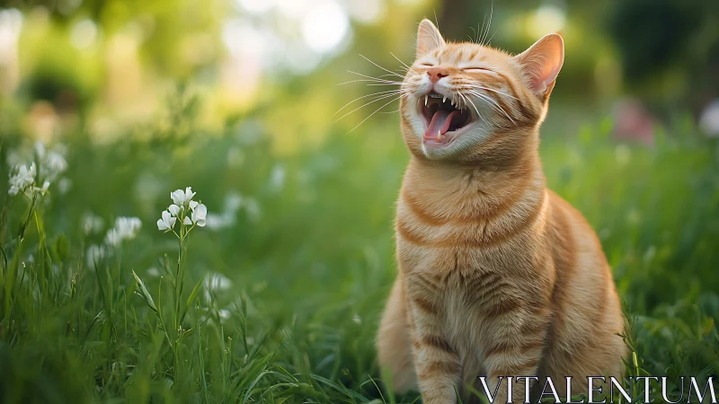 Orange Tabby Yawning in Spring Garden with White Flowers.