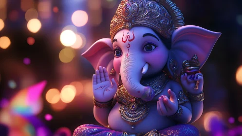 3D rendering of ornate childlike Ganesha statue at night.