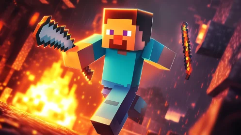 Block-style game character runs through fiery voxel environment