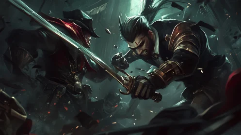 Steel-clad duelers carve fury through stormlit battlefield.