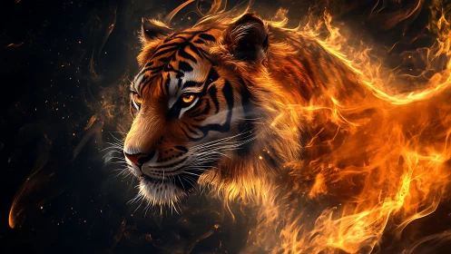 Fiery tiger portrait in swirling digital flame effects.