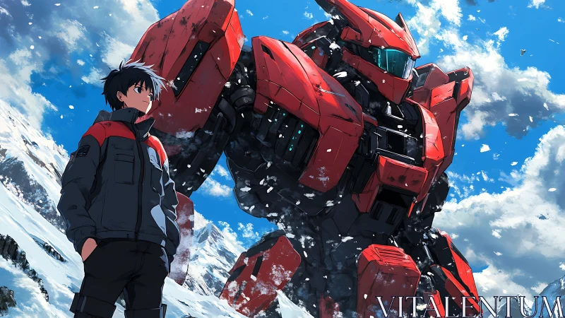 Pilot stands before red mech amid windswept alpine snowfield