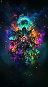 Mythic heroes converge beneath fractured cosmic moon