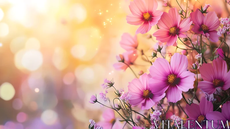Cosmos Bipinnatus Flowers with Golden Hour Bokeh and Atmospheric Luminescence