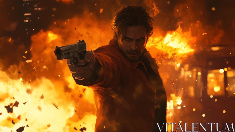 Male figure wielding handgun amid urban conflagration and ambient destruction