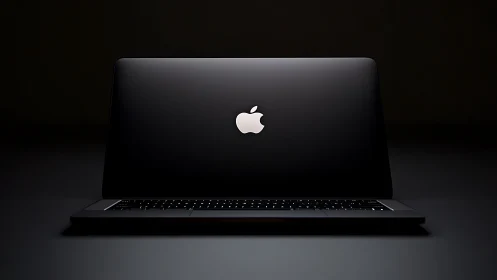 Closed black laptop with illuminated logo on dark surface.
