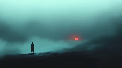 Solitary wanderer pauses in soft fog beneath a distant sun