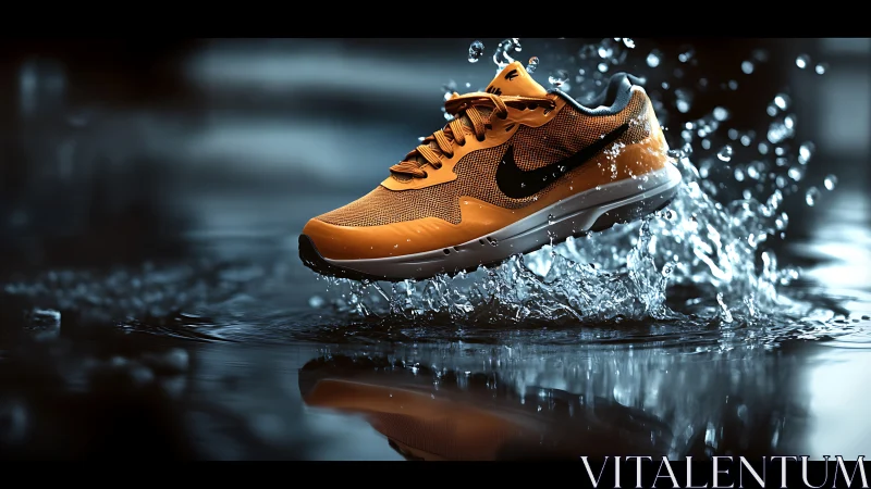 Orange running shoe splashing in reflective water scene.