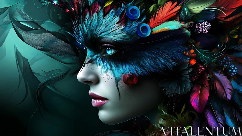 Mystical feathered woman gazes through vivid fantasy plumage.