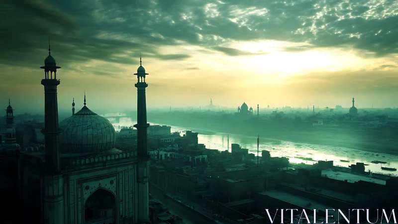 Riverside cityscape with mosque silhouettes at sunrise.