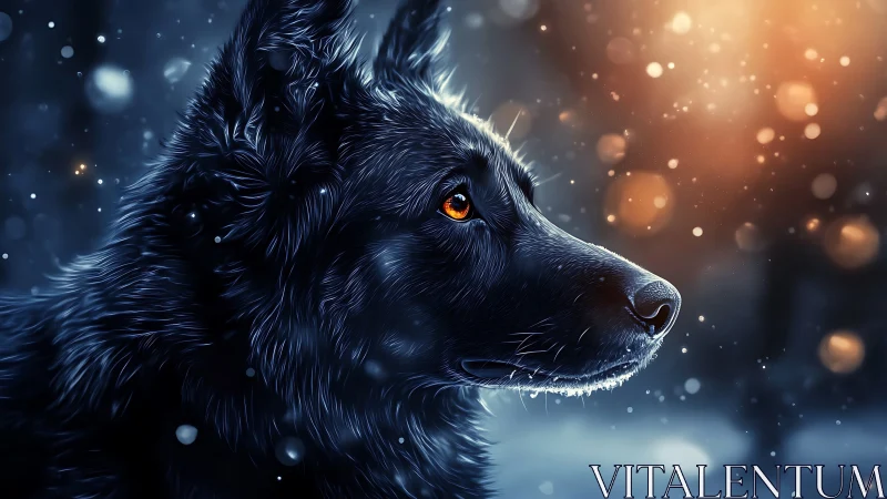 Canine side-profile under bokeh-rich winter illumination.