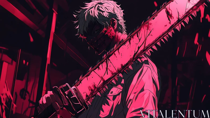 Masked anime fighter gripping bloodstained chainsaw blade.