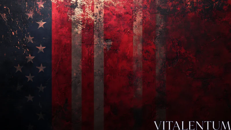 Weathered American flag dissolves into crimson mystery haze.