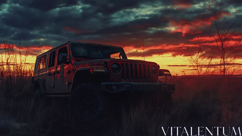 Off-road SUV silhouetted against high-contrast crimson sunset sky