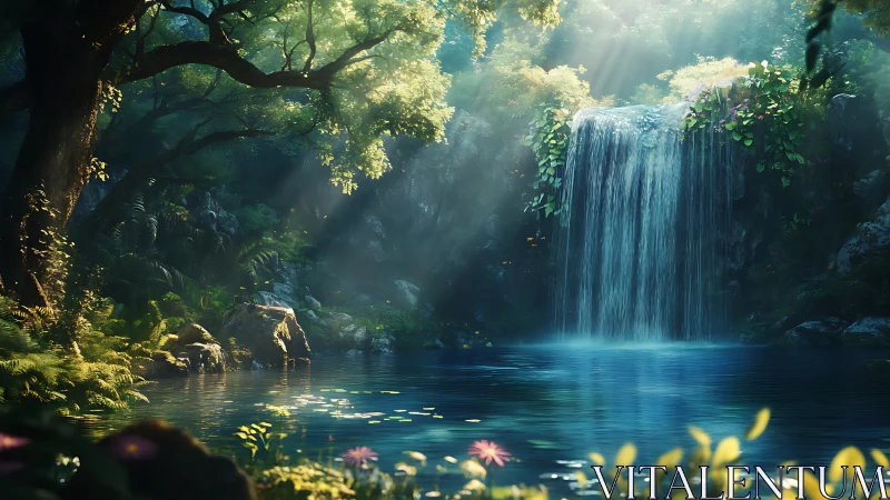 Spectral cascade over bioluminescent lagoon in dense forest.