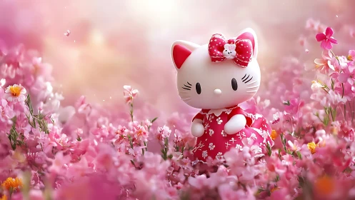 Hello Kitty in a Blooming Pink Flower Field.