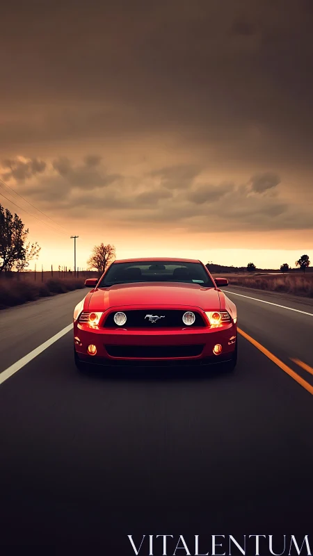 Red sports car charges down empty highway at dusk.
