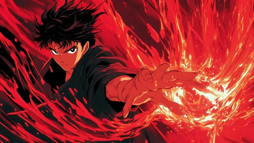 Male anime figure controlling concentrated red energy burst.