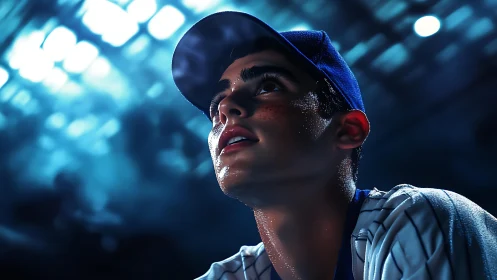 Stadium lights crown a hopeful young baseball dreamer.