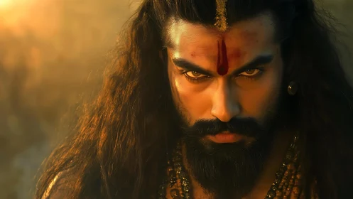 Close portrait of long haired man with tilak in warm light.