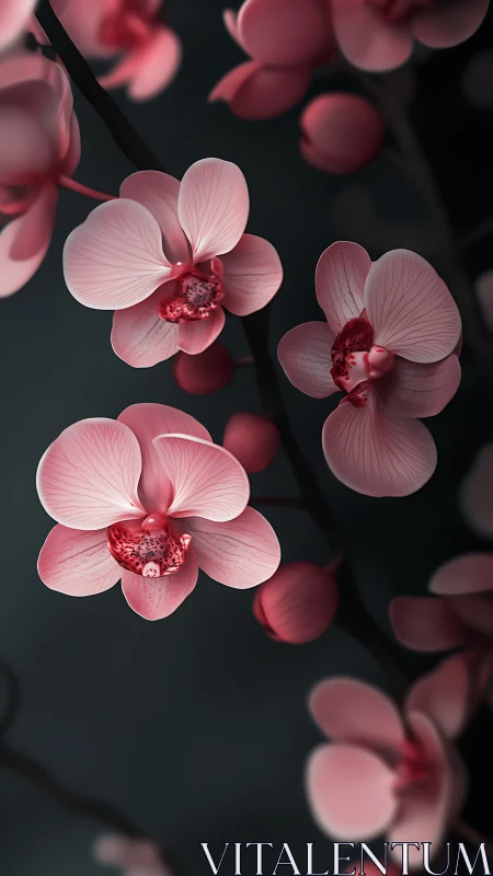 Pink Orchids Against Dark Background.
