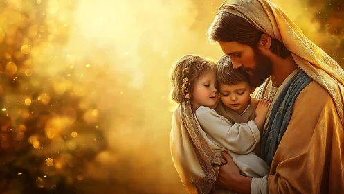 Gentle guardian holds two children close in golden light