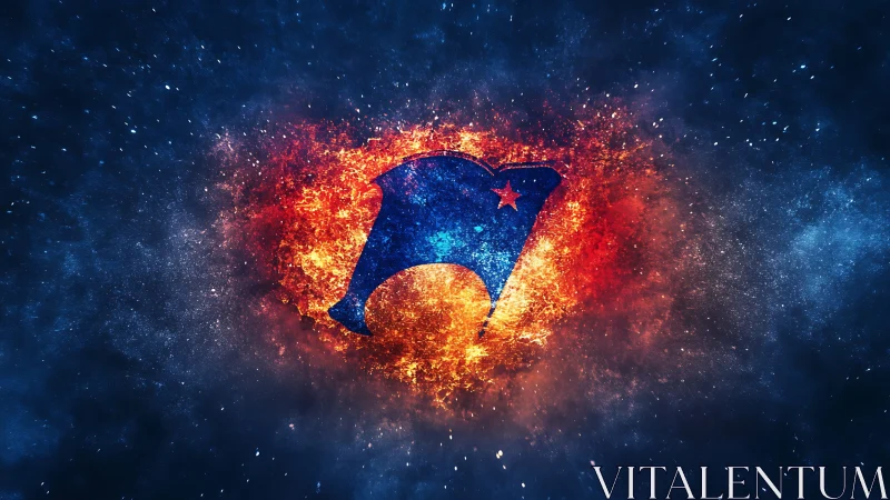Abstract blue banner emblem ignites within cosmic fire ring