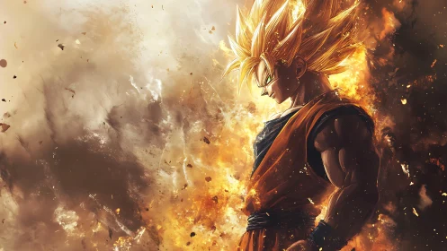 Fiery golden warrior stands amid swirling explosive energy.