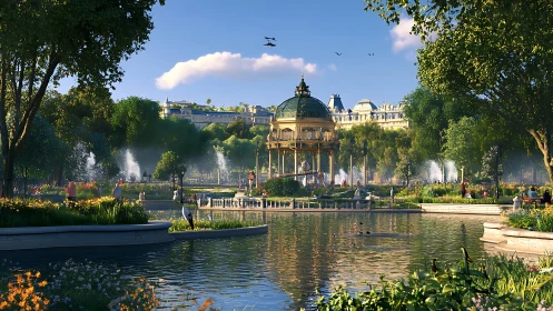 European Palace Gardens with Pavilion and Formal Water Features