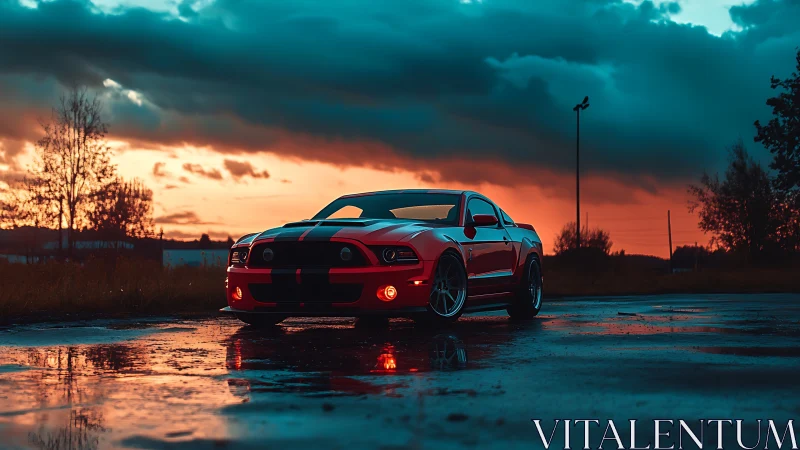 Red muscle car cuts wet asphalt under stormy sunset sky.
